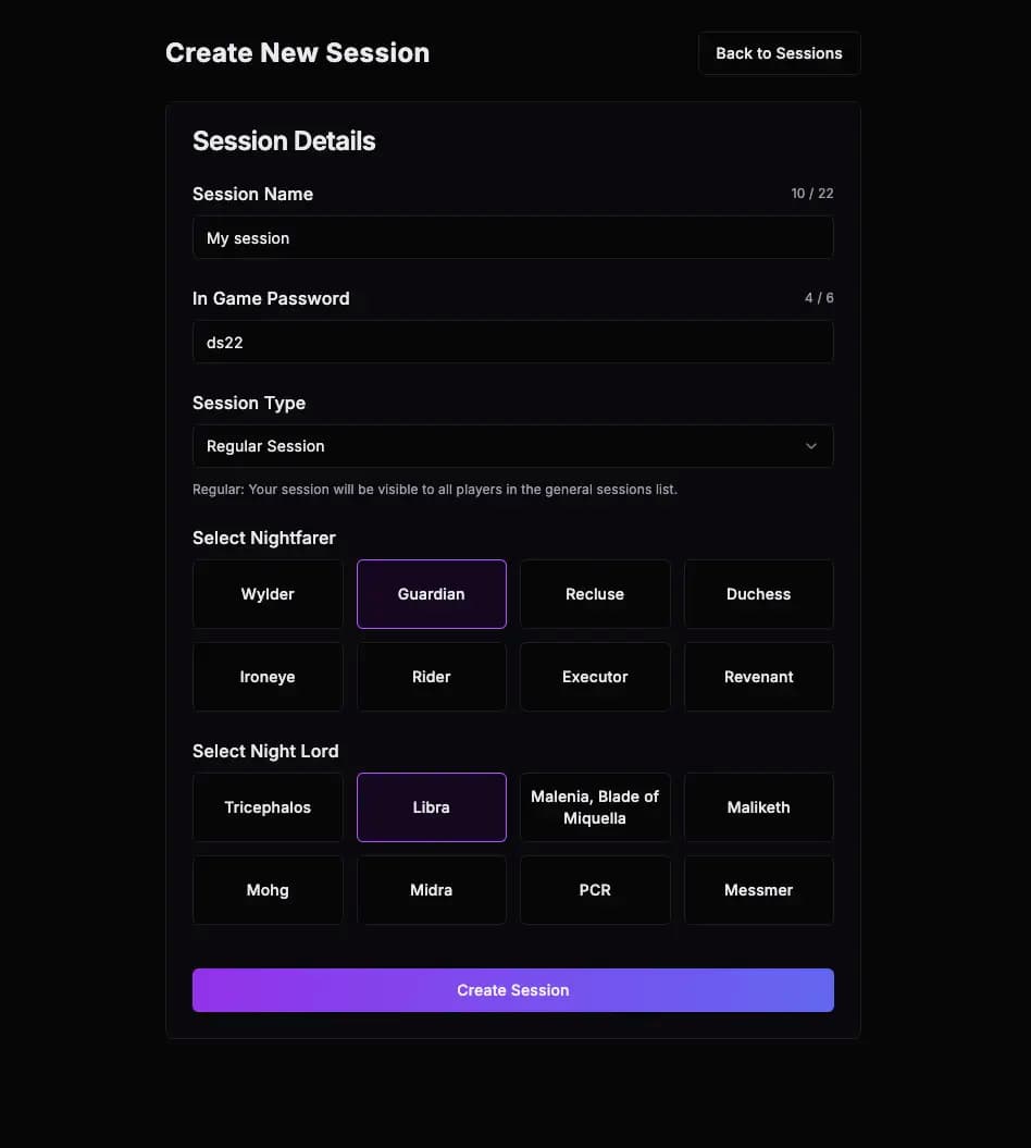 Create New Session interface showing session details, password field, and character selection