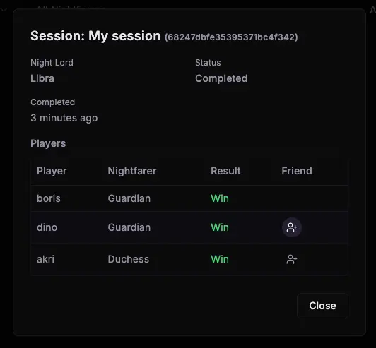 Dashboard session details showing player information and results