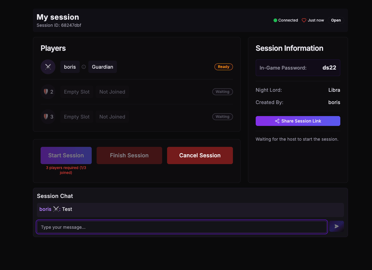 Session interface showing players list, session information and chat functionality