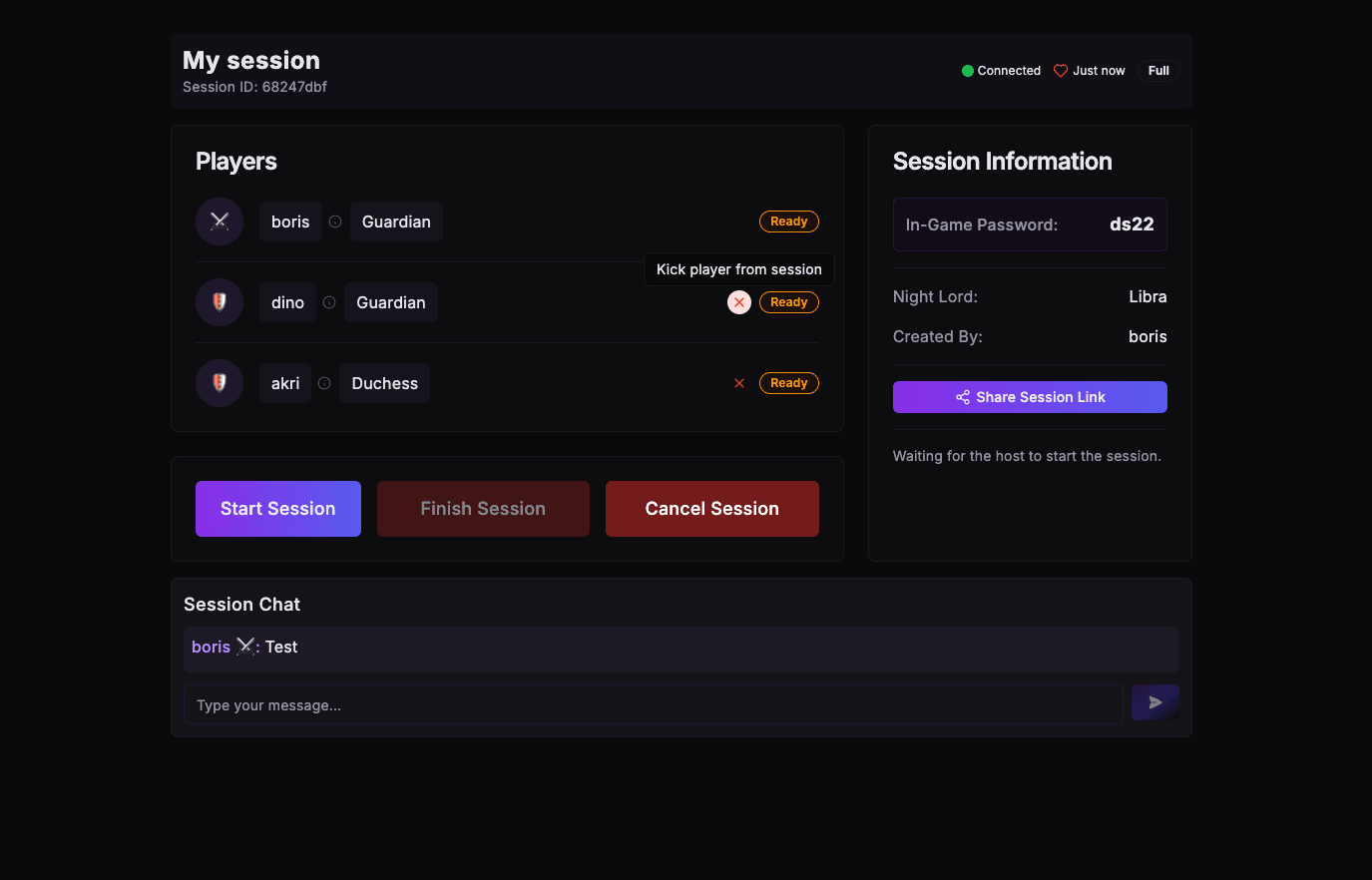 Interface showing how to kick a player from a session