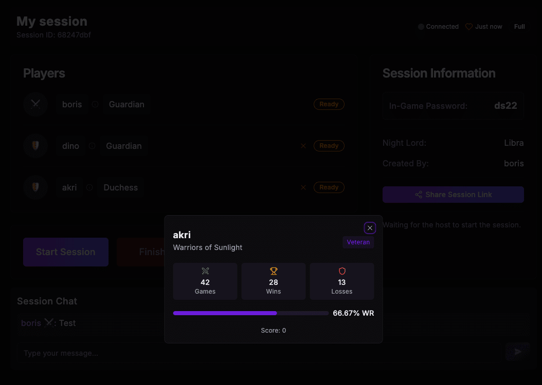Interface showing player statistics and performance data
