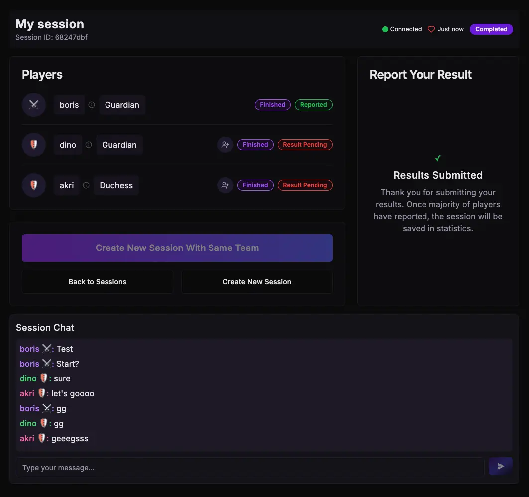 Interface showing results have been submitted