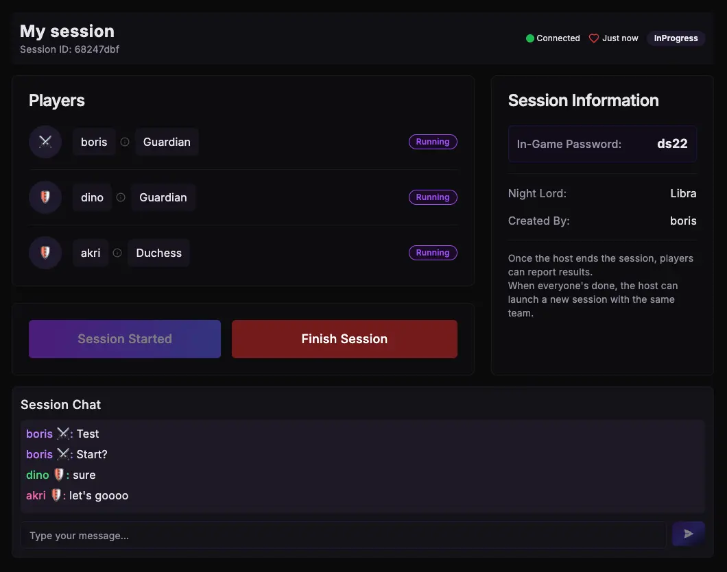 Active session interface showing running status and player states