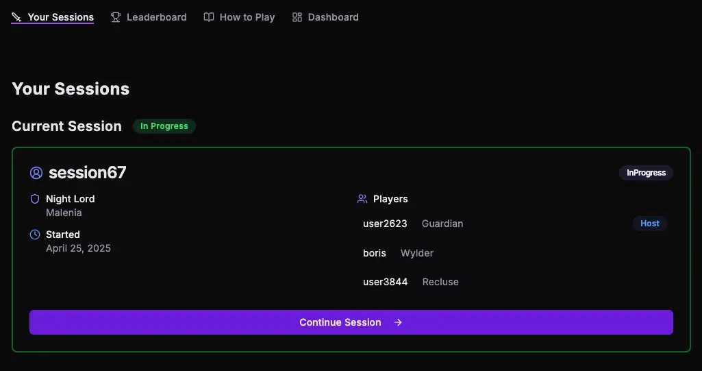 Your Sessions screen showing current active session